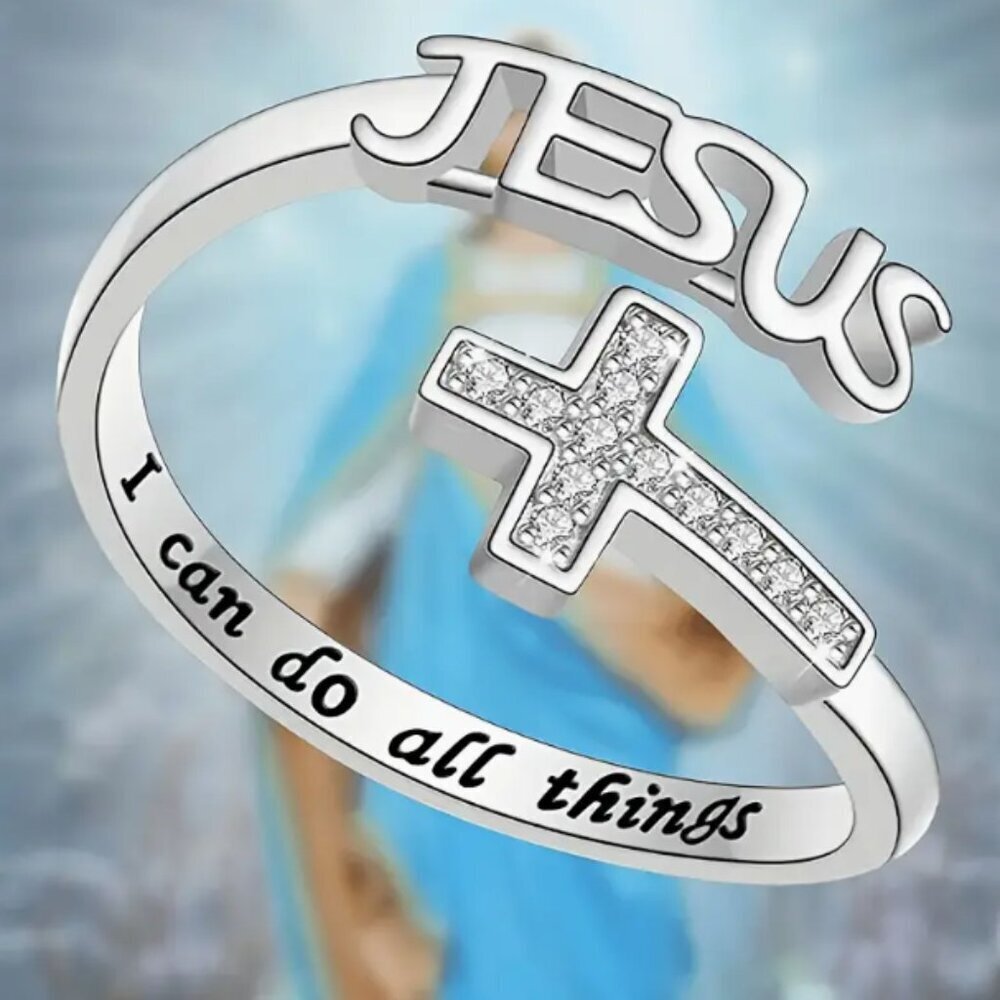 Jesus I Can Do All Things Cross Ring Silver Metal Alloy NWT